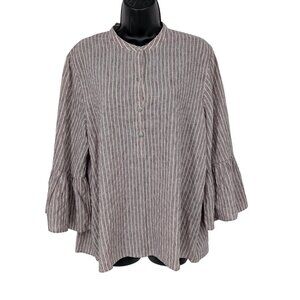 Lucky Brand Striped Henley Tunic Top Bell Sleeves Boho Cottage Lagenlook Size XL
